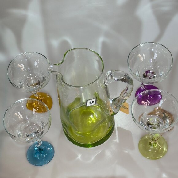 PartyLite Handmade Casa Glass Pitcher & Margarita Glass Set With Colorful Bases - Picture 2 of 16